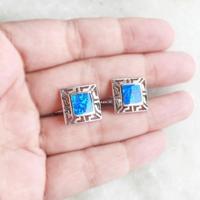 In het groot Aanpassing 925 Zeer belangrijke Halve de Hoepeloorringen van Sterling Silver Blue Opal Greek voor Vrouwen