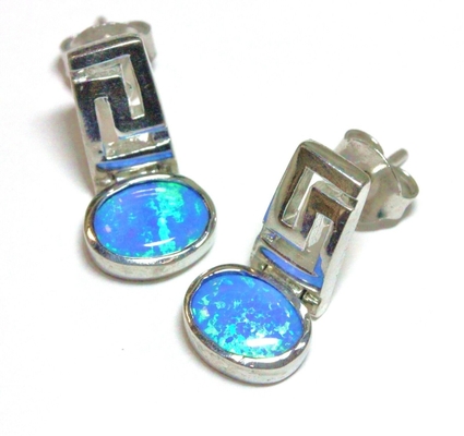 925 Sterling Silver Meander Modern Design Retro Blauwe Opal Greek Key Dangle Earrings Kwaliteitsjuwelen
