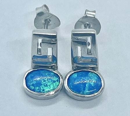 925 Sterling Silver Meander Modern Design Retro Blauwe Opal Greek Key Dangle Earrings Kwaliteitsjuwelen