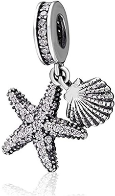 Tropische Zeester &amp; Overzees Shell Hanging Charm - 925 Sterling Silver Beads - Europese de Charmearmband van de Stijlparel
