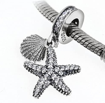 Tropische Zeester &amp; Overzees Shell Hanging Charm - 925 Sterling Silver Beads - Europese de Charmearmband van de Stijlparel