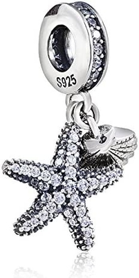 Tropische Zeester &amp; Overzees Shell Hanging Charm - 925 Sterling Silver Beads - Europese de Charmearmband van de Stijlparel