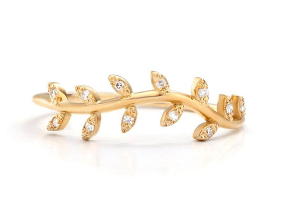 14K gele Gouden Olive Branch Diamond Ring Round sneed 1.2mm Grootte