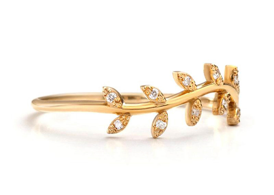 14K gele Gouden Olive Branch Diamond Ring Round sneed 1.2mm Grootte