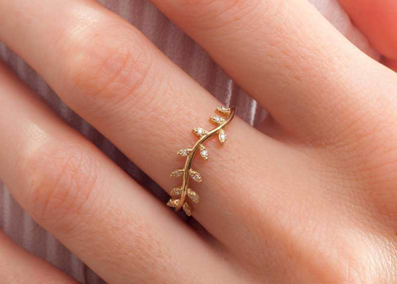 14K gele Gouden Olive Branch Diamond Ring Round sneed 1.2mm Grootte