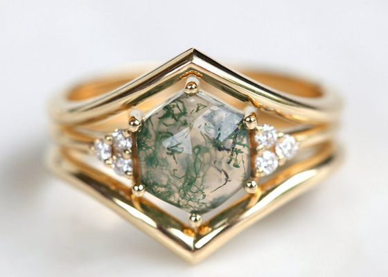 De zeshoek sneed de Groene Gouden Materiële 6.5mm Grootte van Moss Agate Engagement Ring 14k