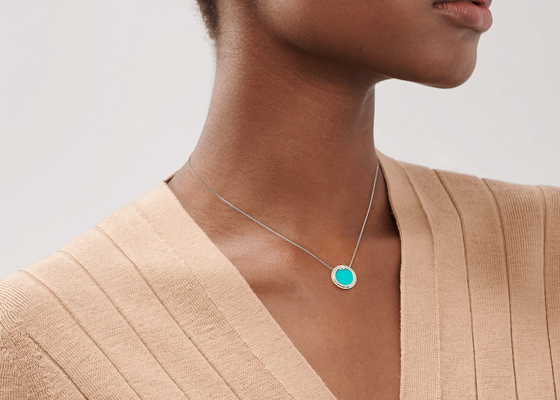18k witgoud Diamond And Turquoise Circle Pendant met 16-18inch-Ketting